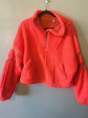 Free People Bright Coral Sherpa Cropped Pullover